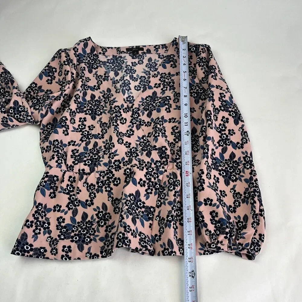 J Crew Floral Blouse Pink Womens S Peplum Long Sleeve Faux Wrap Cottagecore